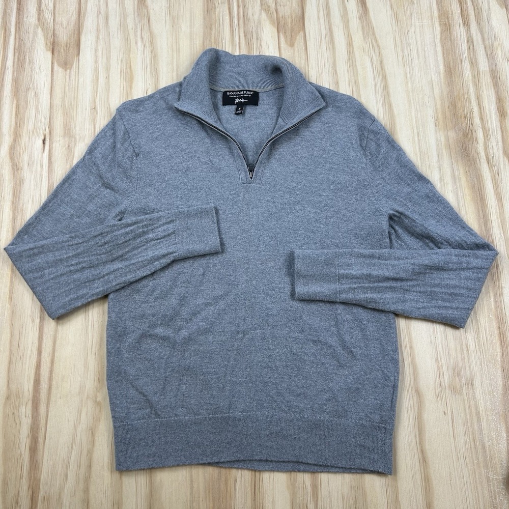 Banana Republic Men's Medium Gray Italian Merino Wool 1/4 Zip Sweater Pullover